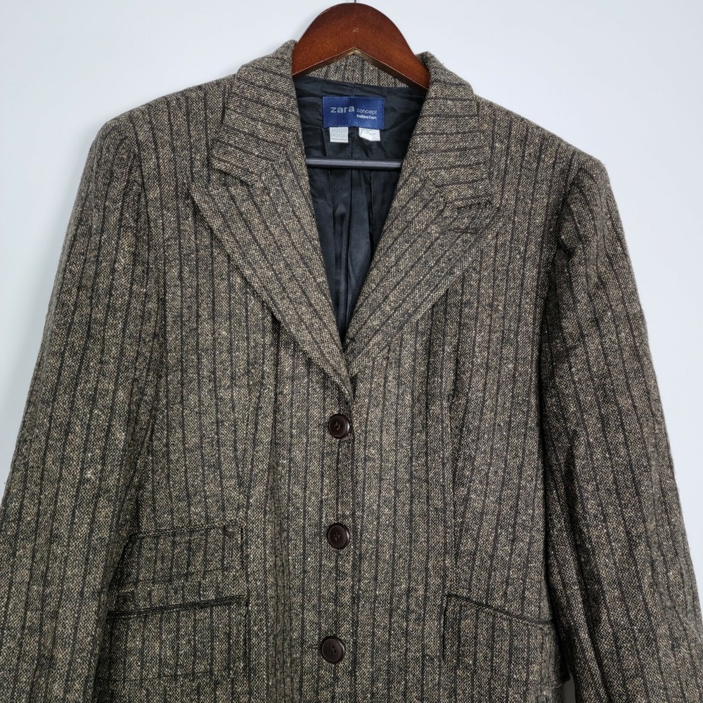 Zara Concept‎ Collection Womens Blazer Size 10 Brown Striped Tweed 3 Button Work - Picture 6 of 7